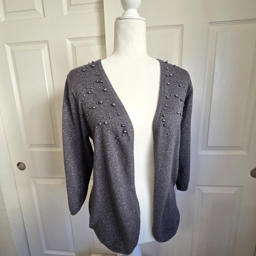 Susan Graver Gray Cardigan with Pearl Details